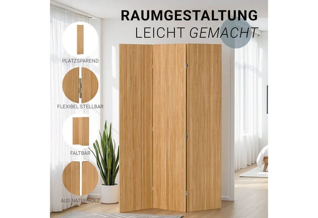 Homestyle4u Paravent Raumteiler 3-teilig Bambus Lamellen Holz 3121