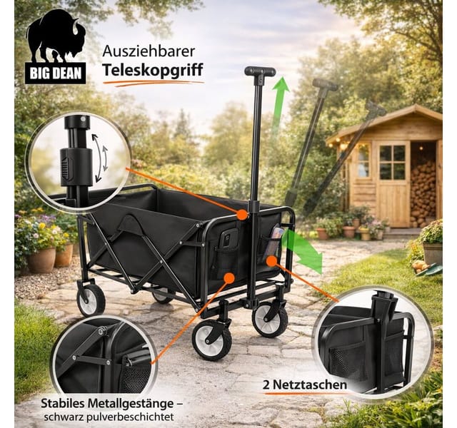 BigDean Bollerwagen Faltbar bis 80kg Schwarz Kompakter Transportwagen Klappbar Handwagen für Camping Einkäufe Garten Festival Ausflüge