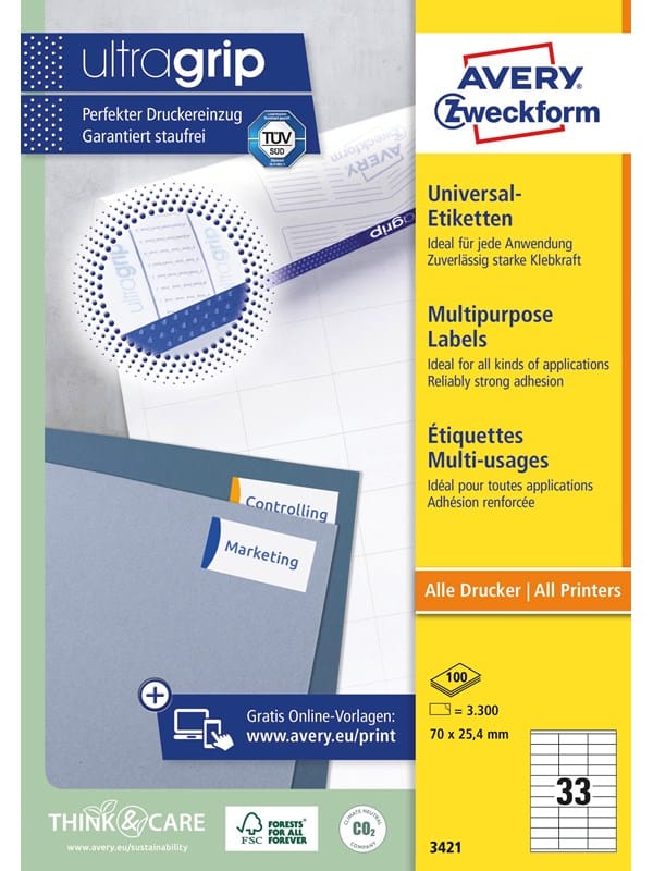 Avery Zweckform Universaletikett 3421 70x25,4mm weiß 3.300 St./Pack.