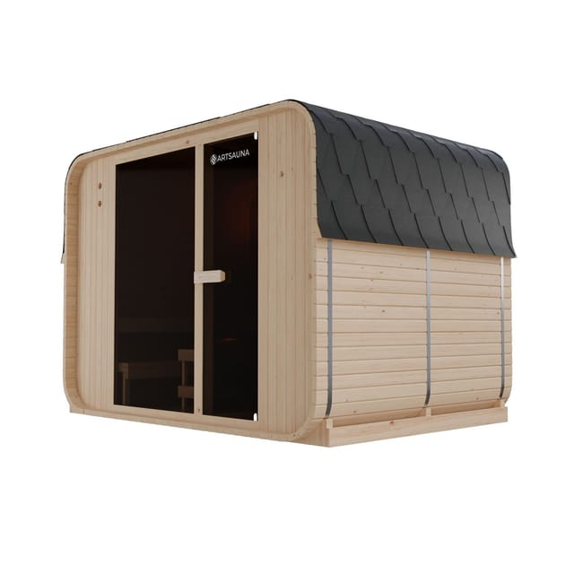 ARTSAUNA® Cube Fasssauna Fjora XXL Natur - Panorama-Sicherheitsglas Front, komfortable Bank mit Trittstufen, 9 kW Ofen, Outdoor Sauna Komplettset für 6 Personen