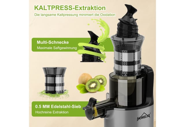 HOMELUX Slow Juicer Kleiner Entsafter Sicherheitsverriegelung, Mini, kompakt, 120 W, Geräuscharm, mit Easy-Clean Konzept, 120 W