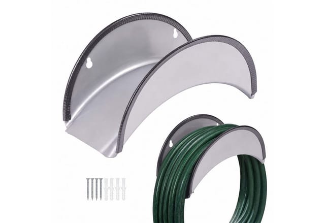 Relaxdays Schlauchhalter, 2er Set, Bis 38 M Gartenschlauch, Kantenschutz, Wandmontage, Gartenschlauchhalterung, Silber