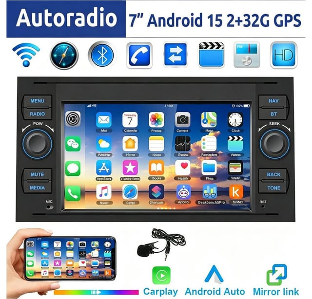 ESSGOO 7" Android 15 Für Ford Focus Transit MK7 C S-Max Fiesta Galaxy Kuga Autoradio (RDS, 2+64GB(optional), 4G, FM, DAB+ (optional), GPS Navi Carplay Android Auto Bluetooth EQ USB WIFI Touchscreen SWC)