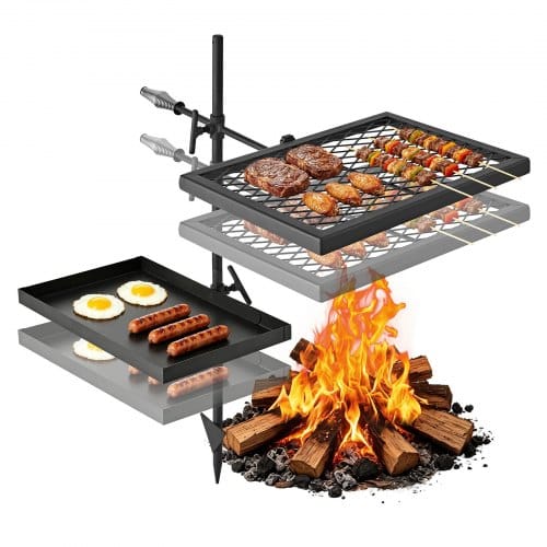 VEVOR Lagerfeuergrill Schwenkbar mit Grillrost Grillplatte Kohlenstoffstahl, 360° Höhenverstellbarer Schwenkgrill mit Grillständer, Drehbarer Outdoor-Grill für Offenes Feuer, Camping und Garten