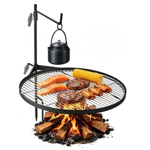 VEVOR Schwenkbarer Lagerfeuergrill mit Grillrost 62 cm Kohlenstoffstahl, Höhenverstellbarer Schwenkgrill mit Grillständer, Drehbarer Outdoor-Grill für offenes Feuer, Camping und Garten, Schwarz
