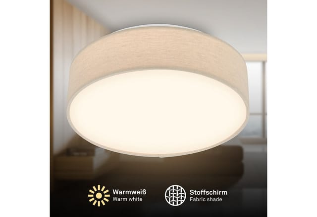 Briloner Led Deckenlampe Stoffschirm Ø30x10,5 Cm Rund 16w 1800lm 3000k Warmweiß Beige - Deckenleuchte Wohnzimmer Schlafzimmer Küche Flur