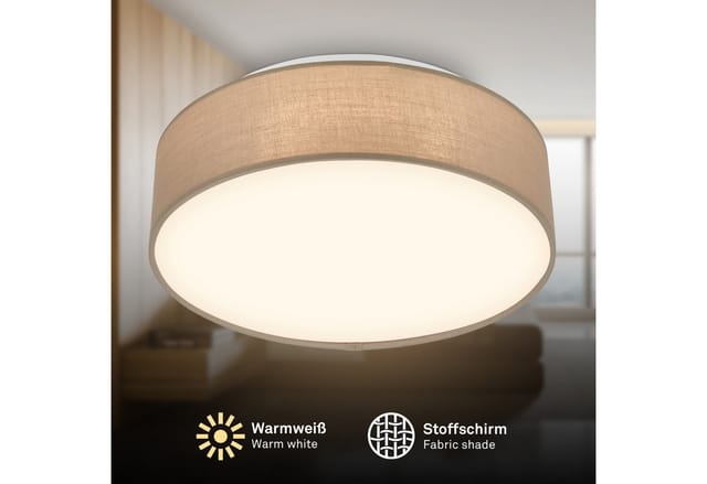 Briloner Led Deckenlampe Stoffschirm Ø30x10,5 Cm Rund 16w 1800lm 3000k Warmweiß Taupe - Deckenleuchte Wohnzimmer Schlafzimmer Küche Flur