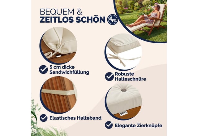 Detex Liegenauflagen Leinenoptik 8 Knöpfe Rückhalteband Auflagen Liege Polster Kissen Liegestuhl Beige