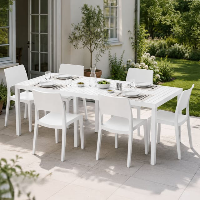 Gartenmöbel Set Masetanno, 6-sitzer Outdoor Lounge, Verlängerbarer Tisch Made In Italy, Lattenoptik, Weiß