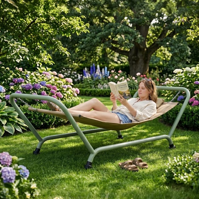 Levia - Gartenhängematte 233x86x95 Cm Mit Metallgestell Und Kissen Für Den Außenbereich Aus Beigem Stoff