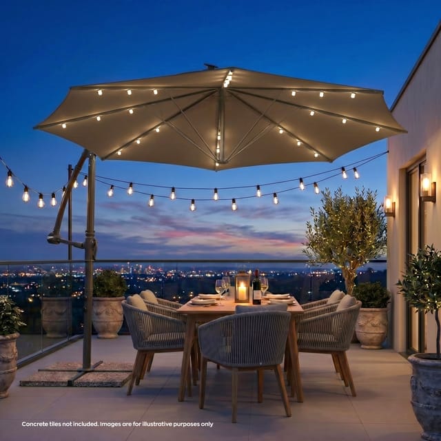 Solomoon - Freiarmschirm Garten Ø 350 Cm Mit 32 Solar-leds Und Kurbel Aus Stahl In Beige