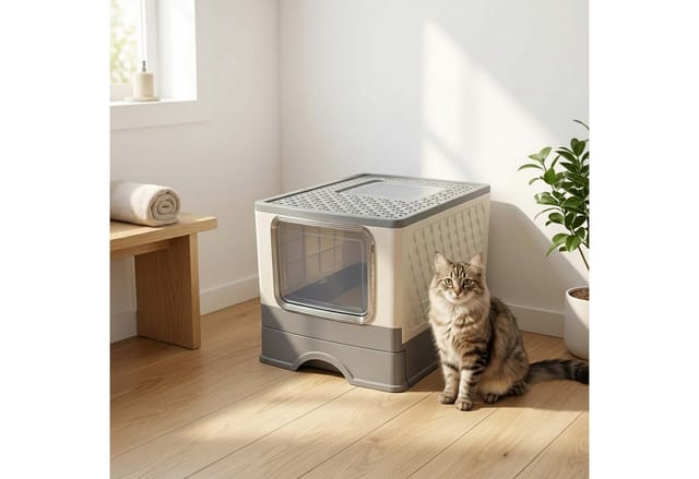 Relaxdays Katzenklo Mit Schublade, Geschlossene Katzentoilette Mit Deckel, Schaufel, Hbt: 36 X 36 X 50 Cm, Weiß/grau