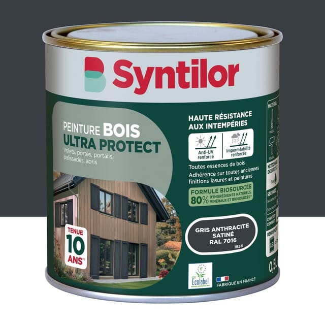 Ultra Protect Syntilor Außenholzfarbe, Anthrazitgrau, Seidenmatt, 0,5 L Syntilor