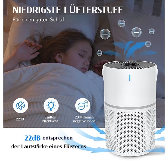 Tekoo Luftreiniger mit HEPA H13 Filter & Ionisator, für Allergiker & Haustiere, 360° Luftansaugung, Kindersicherung, Timer, Nachtlicht, Ionisator