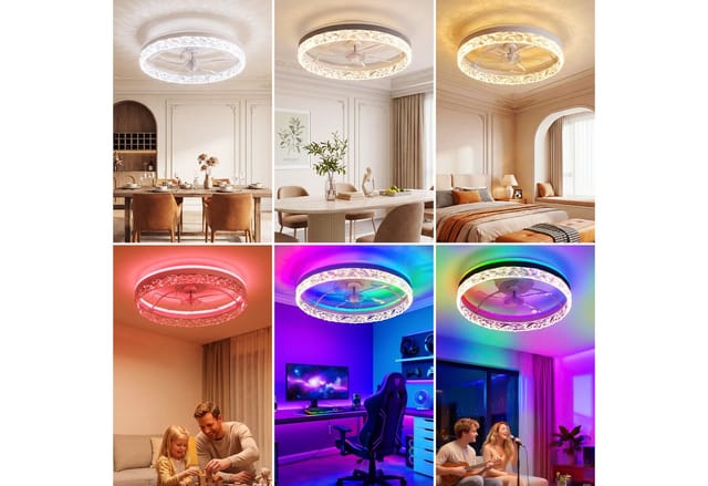 oyajia Deckenventilator 68W Leise Deckenventilator,Kristall Deckenleuchte RGB Farbwechsel 50cm, APP Dimmbar 6 Geschwindigkeiten, Mit Fernbedienung für Schlafzimmer