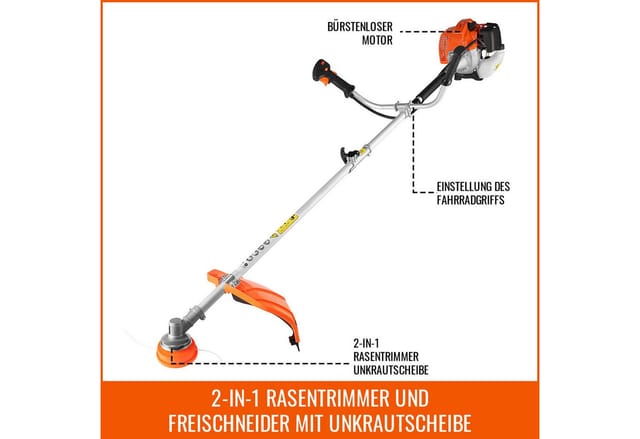 CONENTOOL Benzin-Motorsense Multifunktions Rasentrimmer mit austauschbaren Aufsätzen, 35 cm Arbeitsbreite Faden, 2-in-1 Rasentrimmer mit austauschbarem Fadenkopf & Stahlbürste