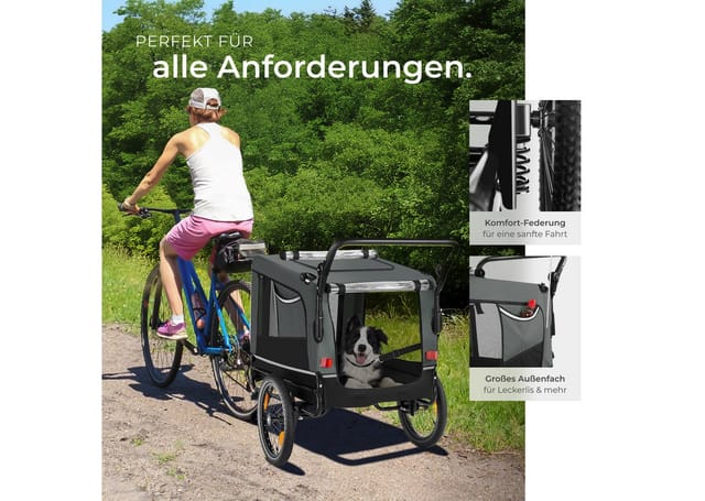 tectake Fahrradhundeanhänger Hundewagen 3in1 multifunktional mit Reflektoren, Leine und Warnfahne, mit Regenschutz, faltbar, gefedert, Belastbarkeit 40 kg, 240 Liter