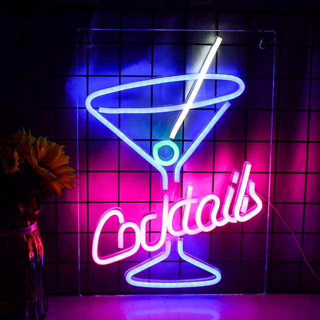 Pink-blaues Led-neonlichtschild In Form Eines Cocktailglases, Usb-betrieben, Zur Wanddekoration.