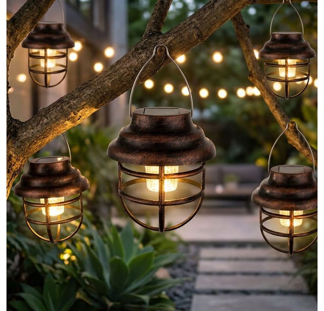 5x Led Solarleuchte Außen Hängelampe Gartenleuchte Dämmerungssensor Braun H 14 Cm