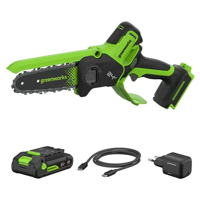 Greenworks Einhand-Akku-Kettensäge GW 24V BL 15 cm (24 V, 2 Ah, Li-Ionen, 1 Akku, Schwertlänge: 15 cm)
