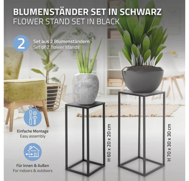 ML-Design Blumenständer 2er Set Schwarz 20x60x20/30x70x30 cm Blumentopfständer