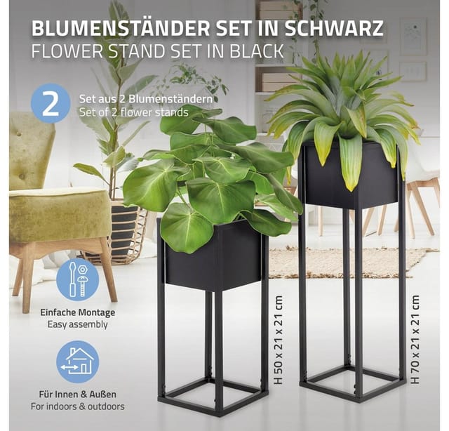 ML-Design Blumenständer im 2er Set Schwarz 21 x 50/70 x 21 cm mit Übertopf