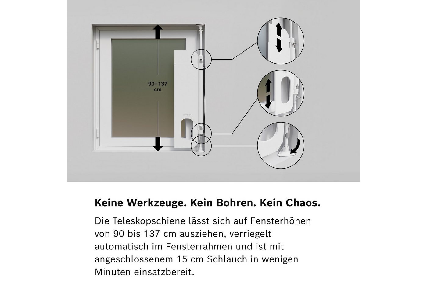 BOSCH Fenster-Set Erweiterung Window Kit, Zubehör für alle mobilen Klimageräte mit Standard Abluftschlauch von 15cm, Abdichtung zwischen Klimaanlage und Kipp-Fenster mit seitl. Scharnier