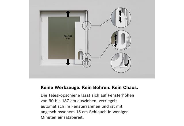 BOSCH Fenster-Set Erweiterung Window Kit, Zubehör für alle mobilen Klimageräte mit Standard Abluftschlauch von 15cm, Abdichtung zwischen Klimaanlage und Kipp-Fenster mit seitl. Scharnier