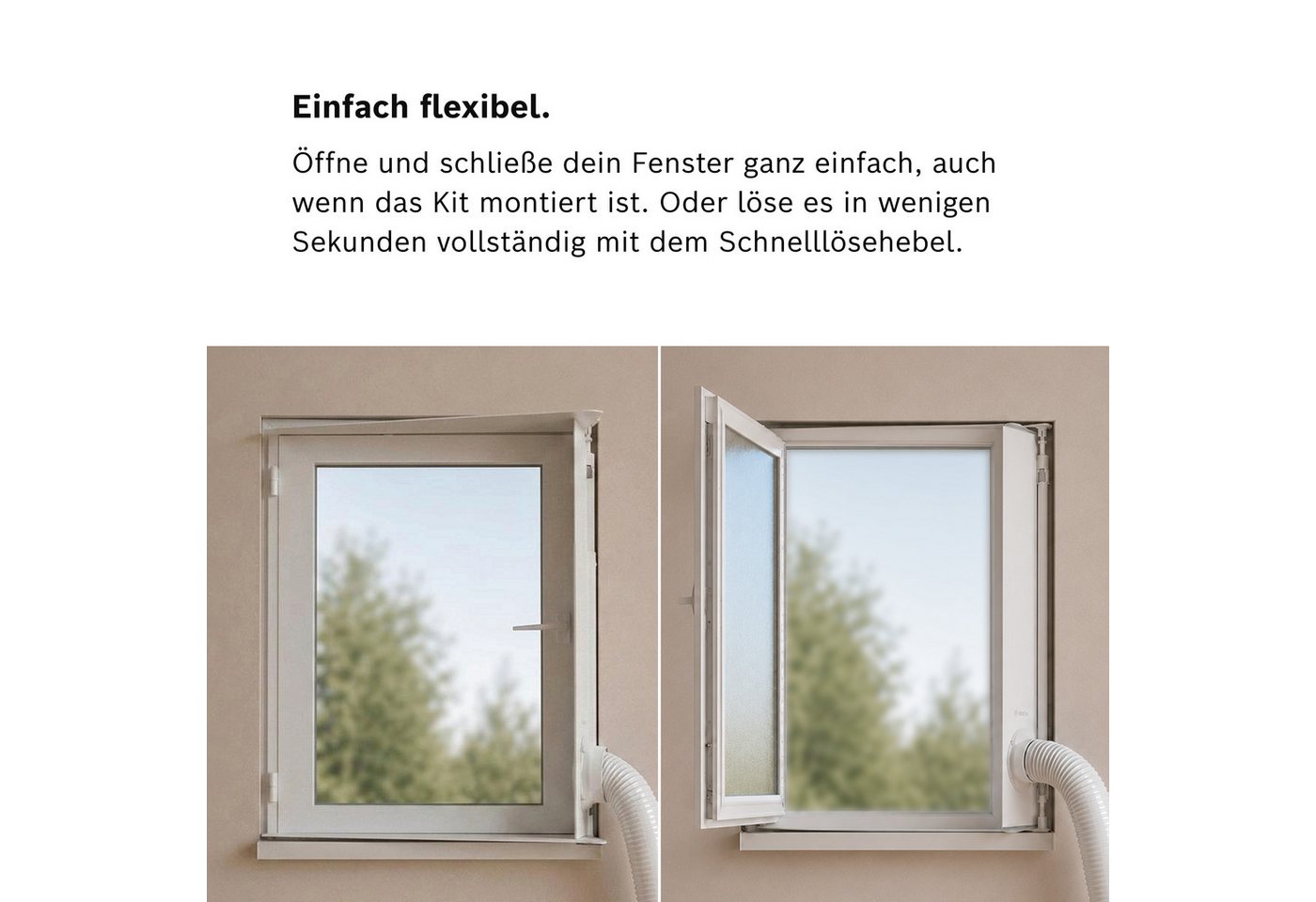 BOSCH Fenster-Set Erweiterung Window Kit, Zubehör für alle mobilen Klimageräte mit Standard Abluftschlauch von 15cm, Abdichtung zwischen Klimaanlage und Kipp-Fenster mit seitl. Scharnier Bild 2