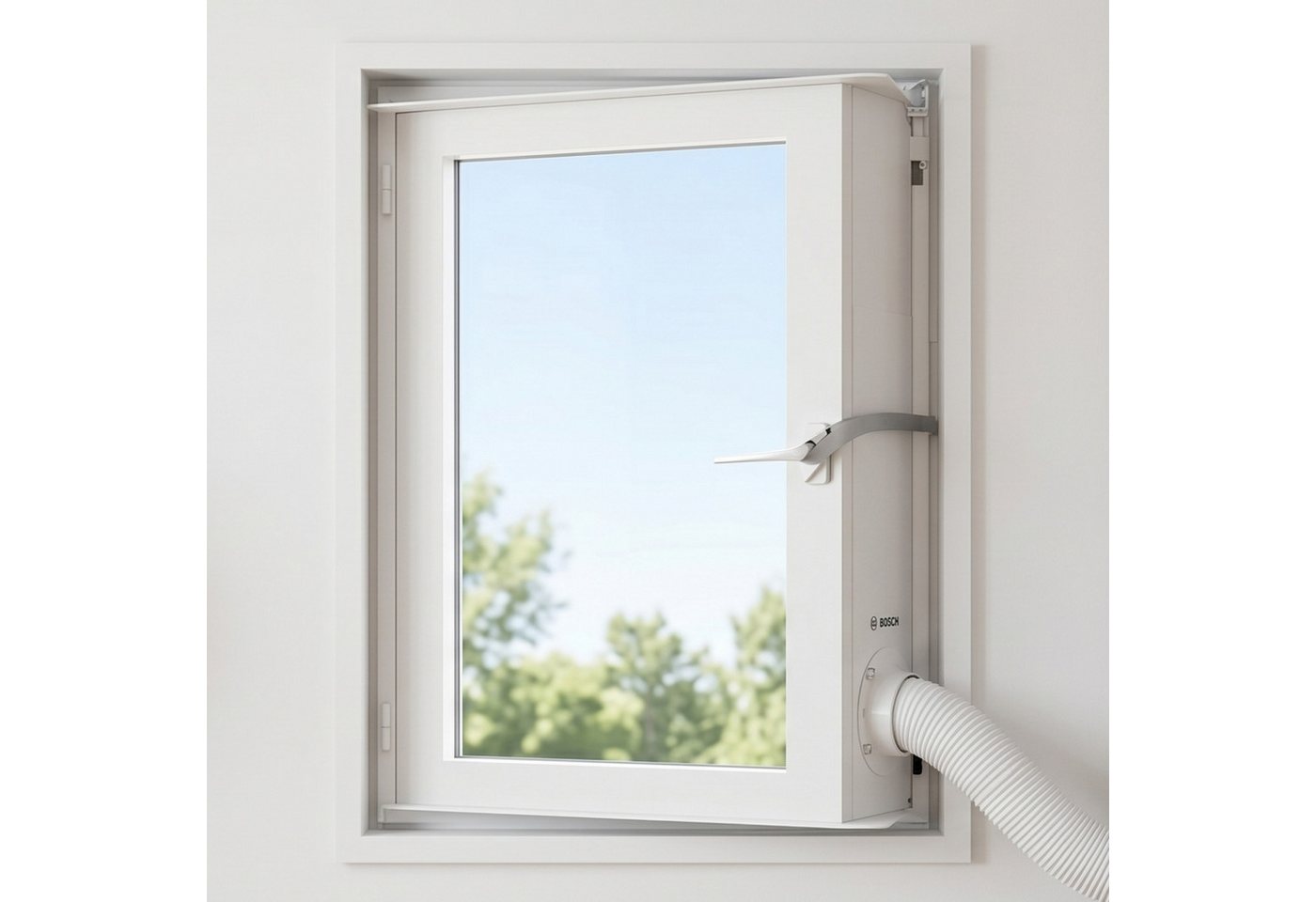BOSCH Fenster-Set Erweiterung Window Kit, Zubehör für alle mobilen Klimageräte mit Standard Abluftschlauch von 15cm, Abdichtung zwischen Klimaanlage und Kipp-Fenster mit seitl. Scharnier Bild 3