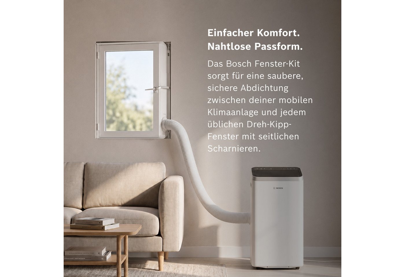 BOSCH Fenster-Set Erweiterung Window Kit, Zubehör für alle mobilen Klimageräte mit Standard Abluftschlauch von 15cm, Abdichtung zwischen Klimaanlage und Kipp-Fenster mit seitl. Scharnier Bild 5