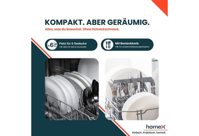 homeX Tischgeschirrspüler GST6AD-W, 7 l, 6 Maßgedecke, Mini Spülmaschine, Geschirrspüler klein, 6 Programme, 6 Gedecke, 47 dB