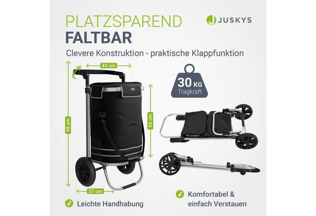 Juskys Einkaufstrolley 3in1 mit 2 Rollen für Shopping - 56 L Tasche - Trolley klappbar - Schwarz