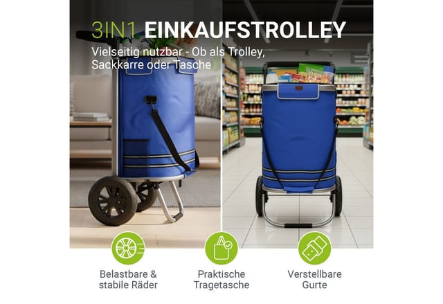 Juskys Einkaufstrolley 3in1 mit 2 Rollen für Shopping - 56 L Tasche - Trolley klappbar - Dunkelblau