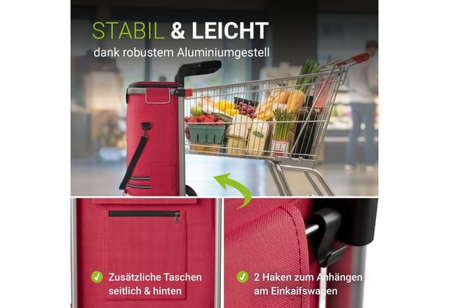 Juskys Einkaufstrolley 3in1 mit 2 Rollen für Shopping - 56 L Tasche - Trolley klappbar - Rot