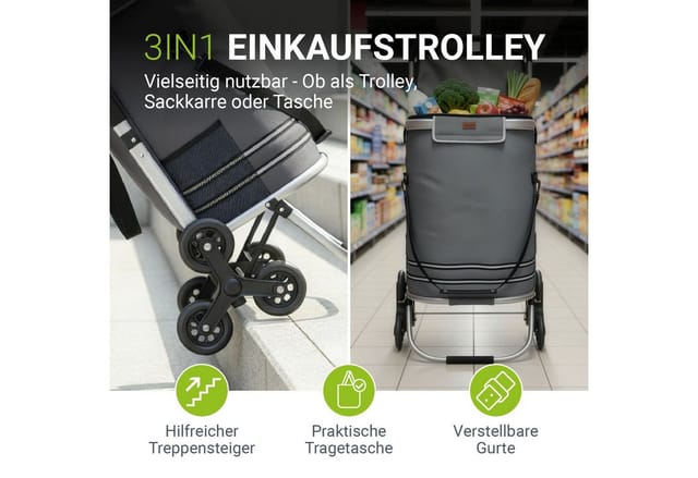 Juskys 3in1 Einkaufstrolley für Treppen - 56 L, modern & klappbar - Treppensteiger Trolley Grau