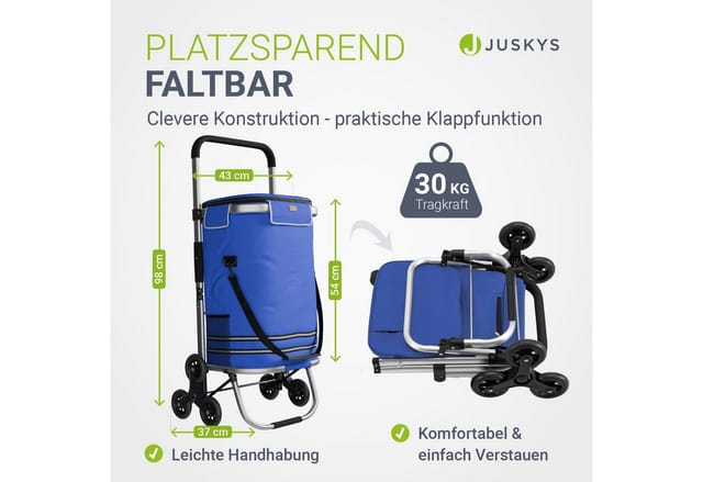 Juskys 3in1 Einkaufstrolley für Treppen - 56 L, modern & klappbar - Treppensteiger Trolley Dunkelblau