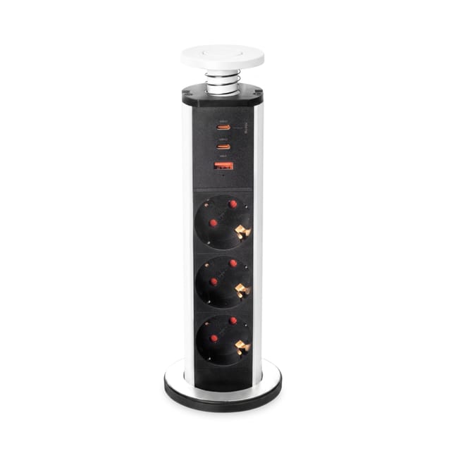 Emuca Abnehmbarer Multistecker Vertikal, 3 X Schuko-stecker, 1 X Usb Typ A, 2 X Usb Typ C, Kunststoff Und Aluminium, Weiß Metallic