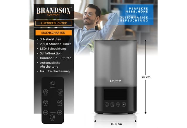 Brandson Luftbefeuchter 2,5L, Fernbedienung, 3 Helligkeitsstufen, RGB, Timer, sehr leise 30dbA, 2.5 l Wassertank, 3 Nebelstufen, Sleep Modus, für Schlafzimmer Kinderzimmer Wohnzimmer