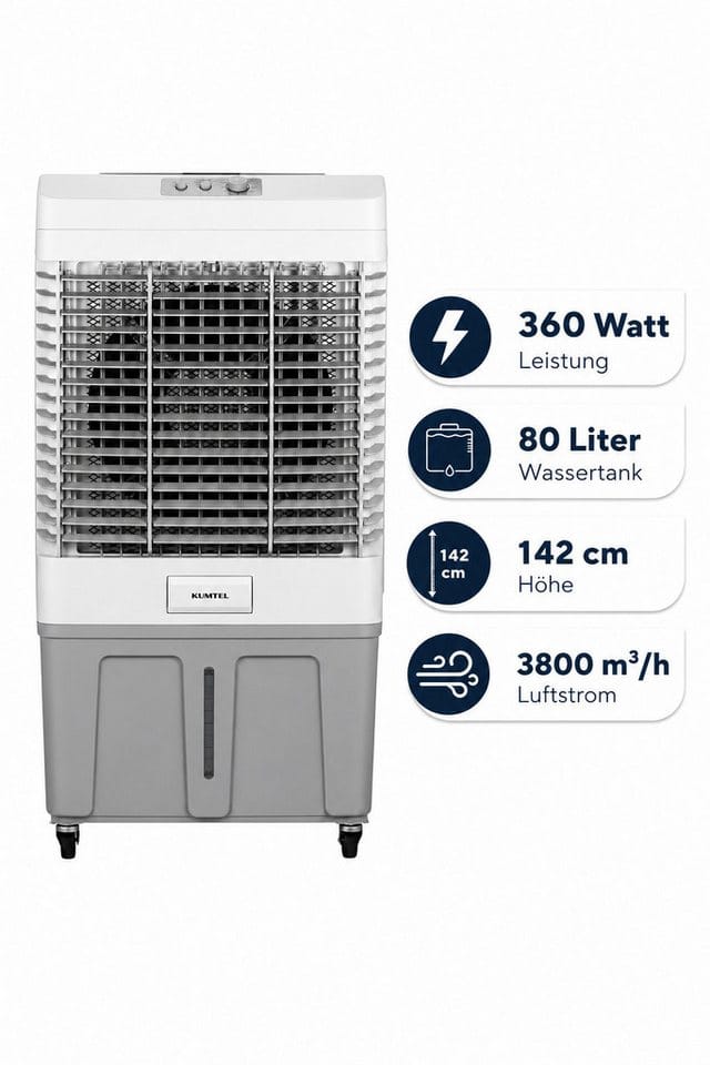 KUMTEL Turboventilator automatische Oszillation, Befeuchtungsfunktion, 240 W, 80-Liter-Wassertank,waschbarer Filter, mit Rollen, 4 Kühlakkus