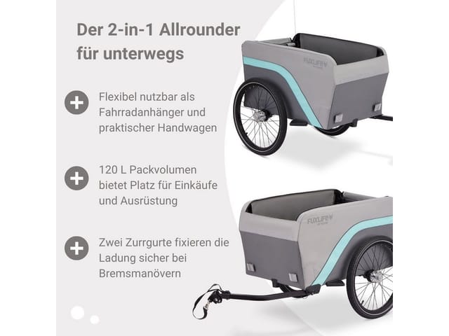 FUXLIFE Fahrradkinderanhänger FX-LA120, 2in1 Nutzung, 120 L Volumen, 47,8 kg Zuladung