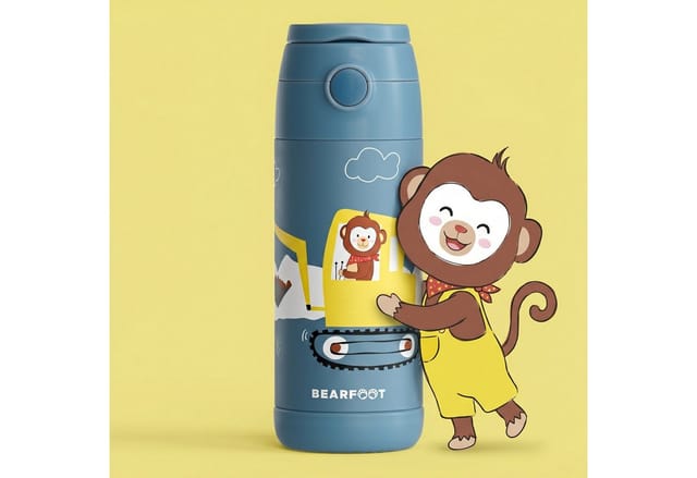 BEARFOOT Trinkflasche Thermo Kinder Trinkflasche Edelstahl - Bagger Affe blau, Thermosflasche, auslaufsicher, Edelstahl, Kinderflasche, BPA-frei