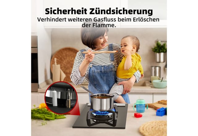 GASLAND Gas-Kochfeld GH12BF, Einbau Glas-Gaskochfeld Wokbrenner, 30 cm, 3400 W, Butan/LPG/Erdgas