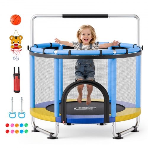 VEVOR Trampolin Mini für Kinder mit Haltestange Sicherheitsnetz Blau, Gartentrampolin 150 cm Outdoor mit Basketballkorb, Basketball und Sandsack für Kinder, Weihnachts- oder Geburtstagsgeschenk