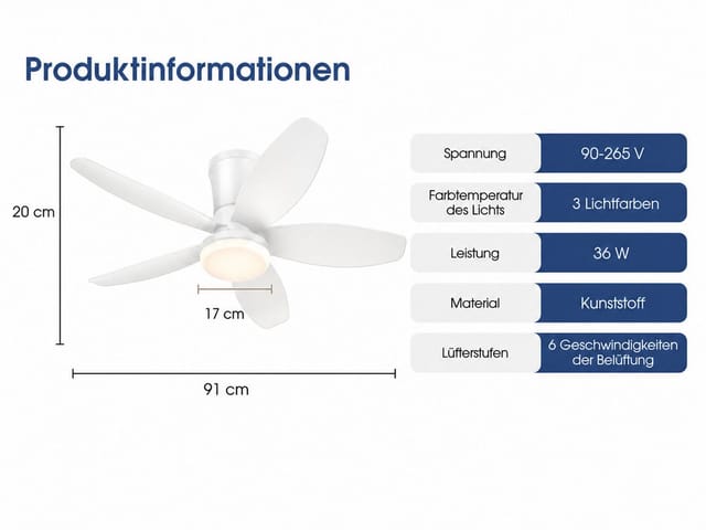 Kviflon 91 Cm Deckenventilator Mit Weißer Led-beleuchtung, Leiser Gleichstrommotor