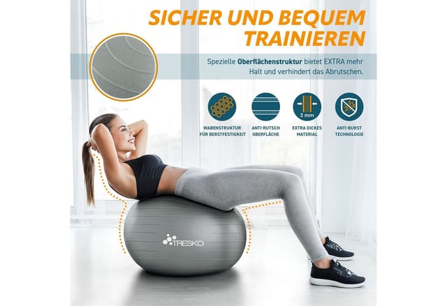 Tresko Gymnastikball (grau 55cm) Mit Pumpe Fitnessball Yogaball Sitzball Sportball Pilates Ball Sportball