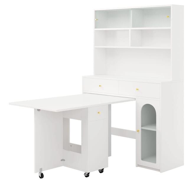 okwish Küchenschrank Set mit Klappbarem Esstisch Küche 120x45x180cm Weiß