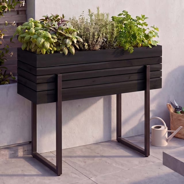 Hochbeet MCW-P85, Pflanzbeet Blumen-/Pflanzkasten Pflanzkübel, Outdoor Metall Akazie Holz MVG 68x80x30cm ~ schwarz
