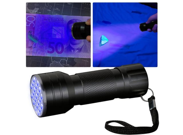 Casativo LED Taschenlampe 2in1 UV-Taschenlampe & Geldscheinprüfer/Ausweisprüfer 21 LEDs, 21 LEDs/395-400nm zur Echtheits- & Sauberkeitsprüfung, Batteriebetrieb