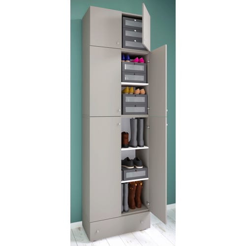 VCM Holz-Schuhschrank Maße: H. 240 x B. 70 x T. 39 cm Allzweckschrank 5 Fächer 4 Drehtüren Aufsatz mit 2 Türen extra Schublade– Lona
